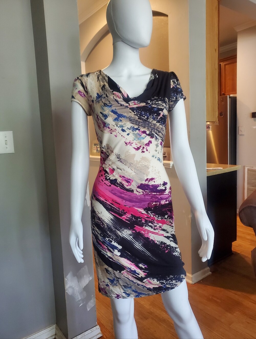 Cowl Neck Abstract Mini Dress in Pink, Black & Cream